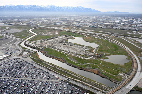 Aerial view of employee lot under construction facing southeast