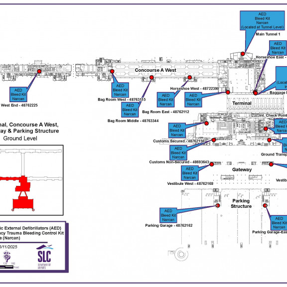 AED map Terminal Concourse A west Gateway and Parking Structure ground level