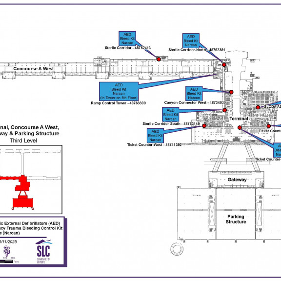 AED map Terminal Concourse A west Gateway and Parking Structure third level