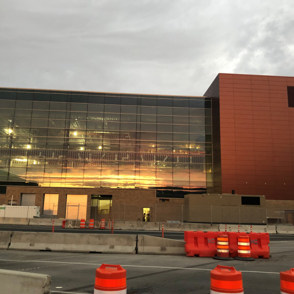 Terminal east wall with sunrise October 2019