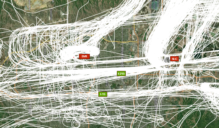 Image shows dozens of flight paths over a runway.